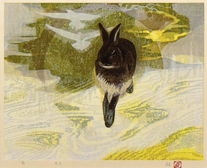 下田義寛「春来」木版画　作品全体拡大画像