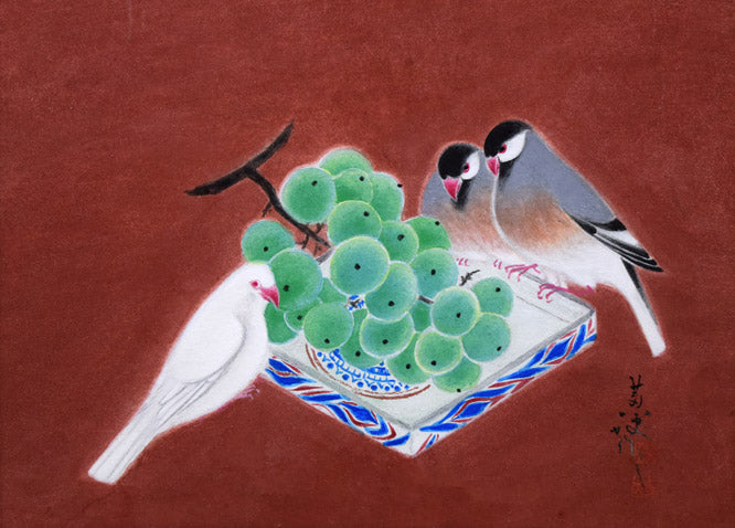 高木黄史「鳥と果物」日本画・F4号　作品全体拡大画像