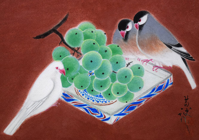 高木黄史「鳥と果物」日本画・F4号　拡大画像1
