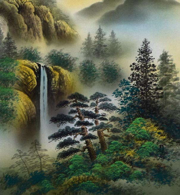 高井一鳳「火地晋五行図」工芸手彩掛軸　拡大画像3（山水）