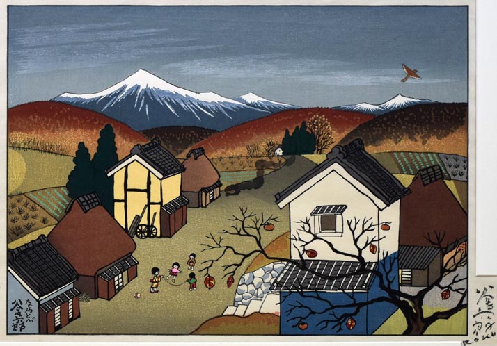 谷内六郎「なわとび」木版画　作品全体拡大画像