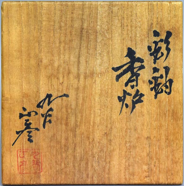 三代徳田八十吉（正彦）「彩釉香炉」共箱　箱書き画像