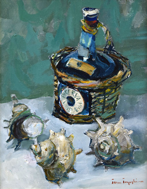 豊島輝彦「洋酒ビンのある静物」油絵・F6号　作品全体拡大画像