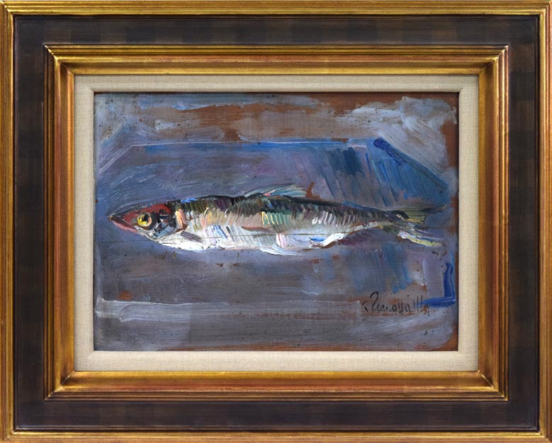 上野山　清貢「魚を写す」油絵・F4号