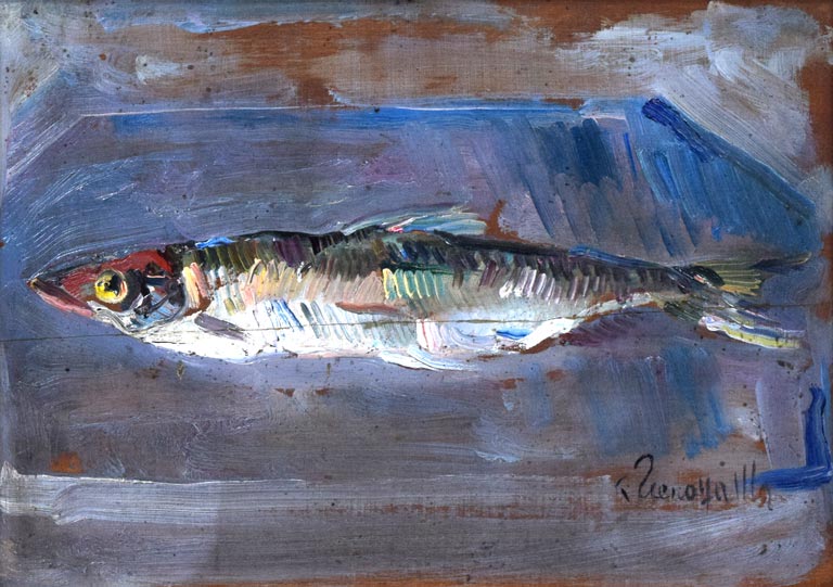 上野山　清貢「魚を写す」油絵・F4号　作品全体拡大画像