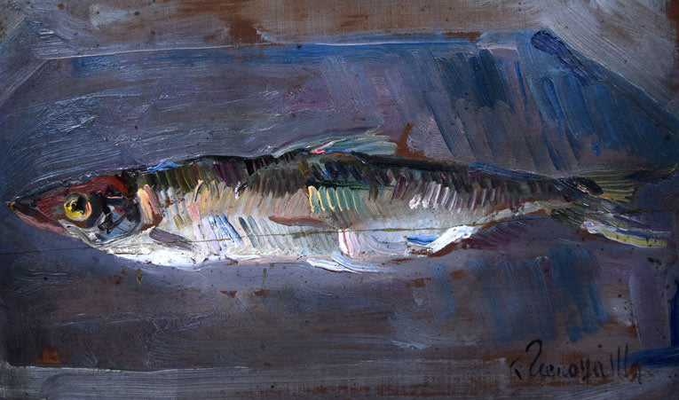 上野山　清貢「魚を写す」油絵・F4号　拡大部分1