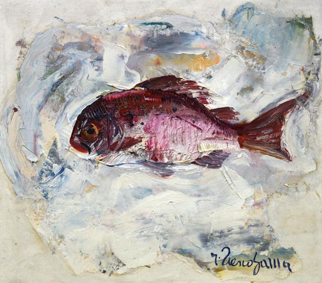 上野山清貢「鯛」油絵・色紙　作品全体拡大画像