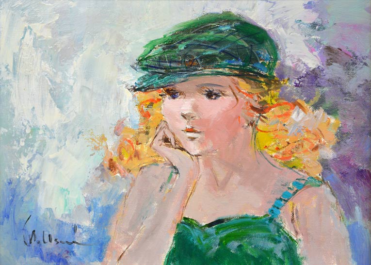 碓井正人「帽子の女」油絵・F4号　作品全体画像