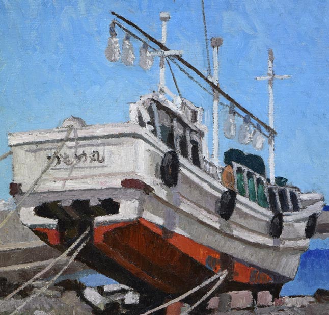 渡辺正敏「漁船の白い船」油絵・F10号　漁船拡大部分