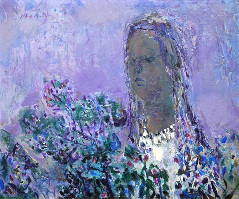 渡辺眞利（渡邊）「花と少女」油絵・F8号　作品全体画像