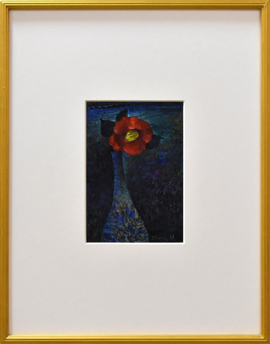 渡辺眞利（渡邊）「椿」油絵・変形（21.5×14.6cm）