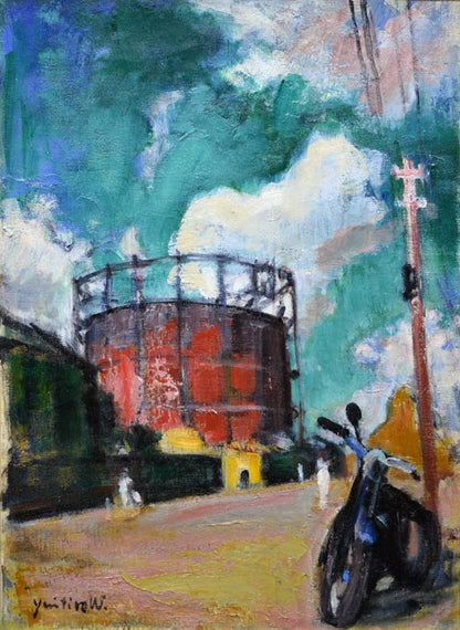 渡辺祐一郎「製油所風景」油絵・P8号　拡大部分