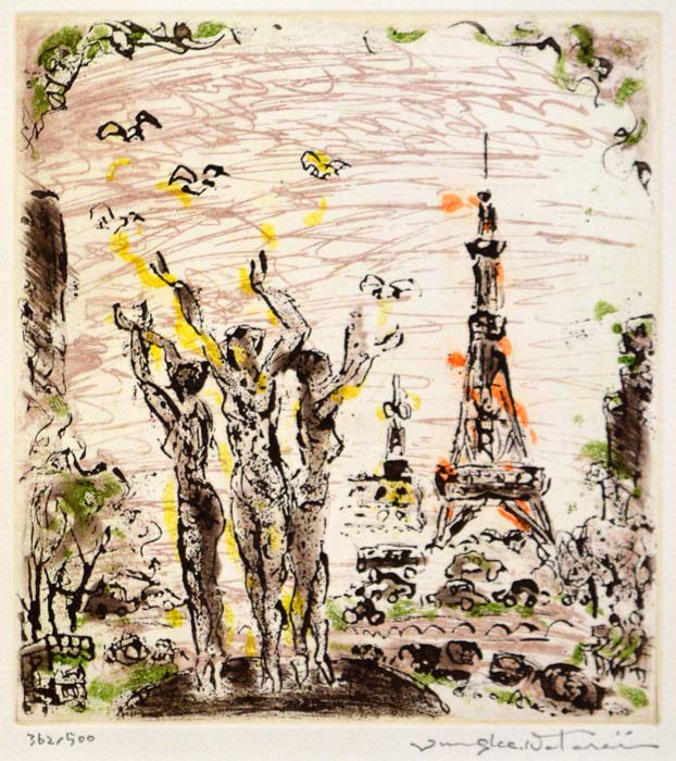 渡会純价「はなやぐ街（札幌大通公園）」銅版画　作品全体画像