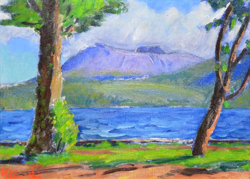山内一彦「支笏湖（樽前山）」油絵・F4号　拡大部分