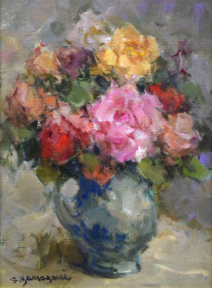 山崎翠祥「薔薇（金縁）」油絵・F4号　作品全体画像