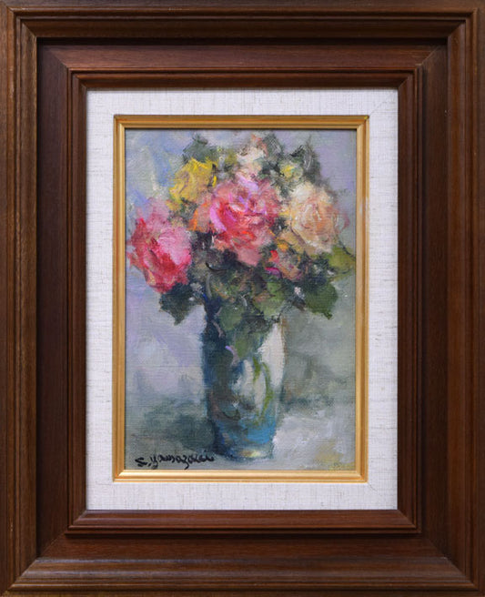 山崎翠祥「薔薇（木製額）」油絵・SM